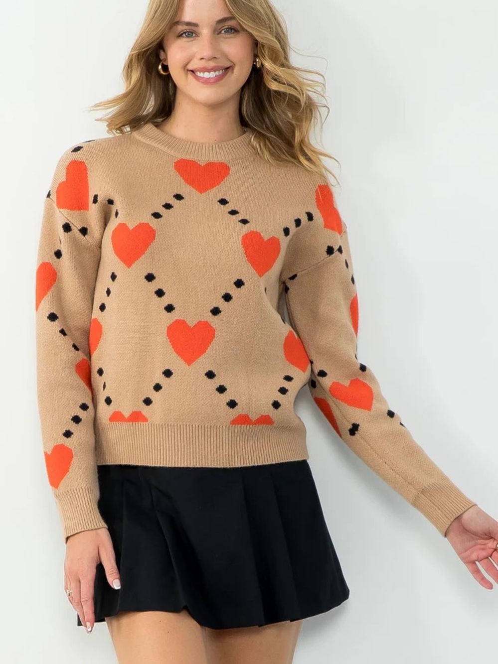 THML Camel Crewneck Sweater with Orange Heart Motif